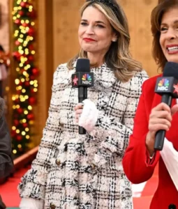 Savannah Guthrie 2025 Macy’s Thanksgiving Day Cream & Beige Plaid Double-Breasted Coat with Fringed Trim and Gold Buttons
