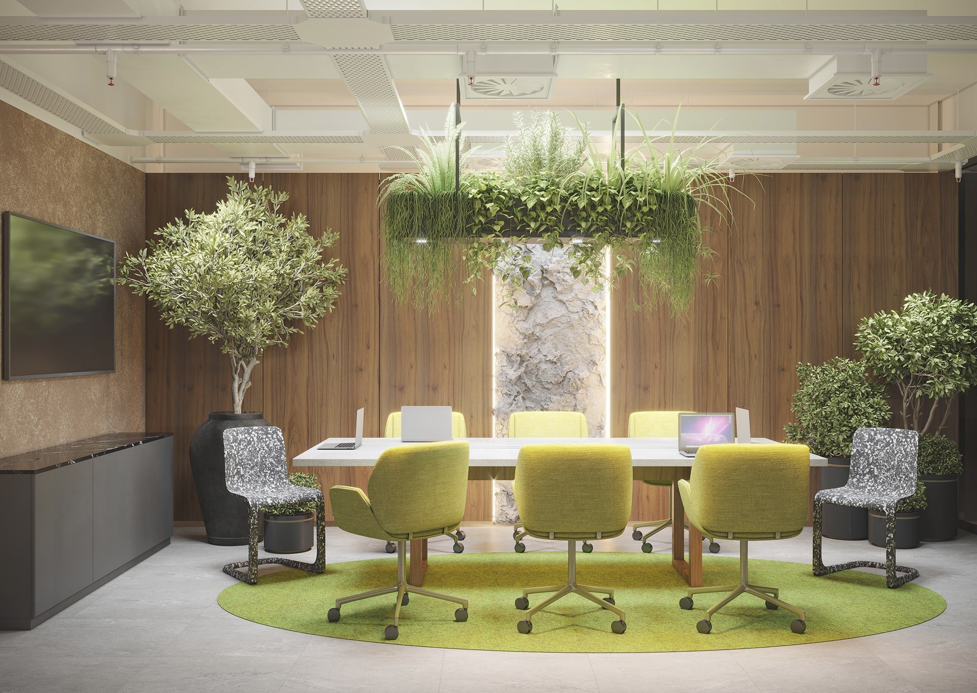 A modern biophilic design room, promoting a collaboraA modern biophilic design room, promoting a collaborative environment.tive environment.