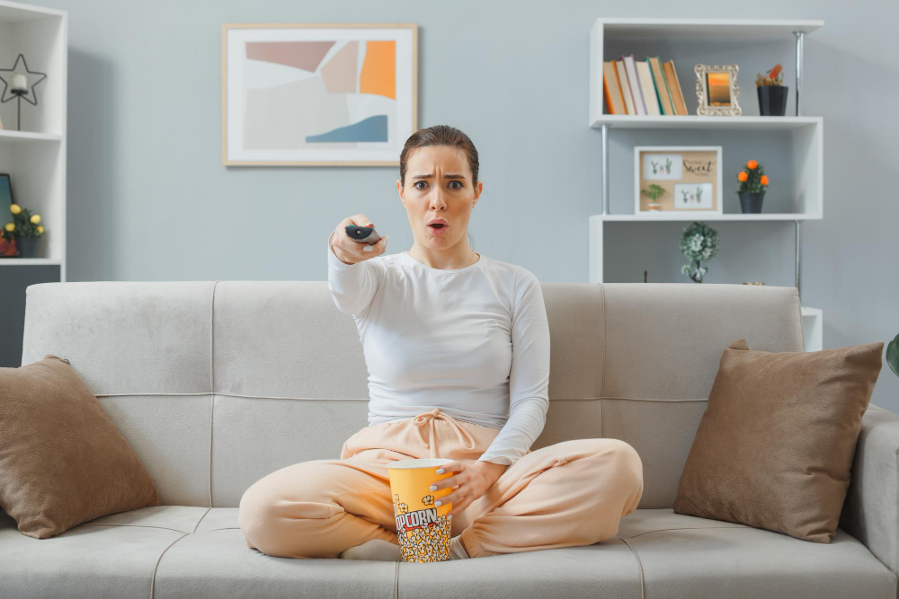 a girl sitting on a couch eating popcorn and watching tv