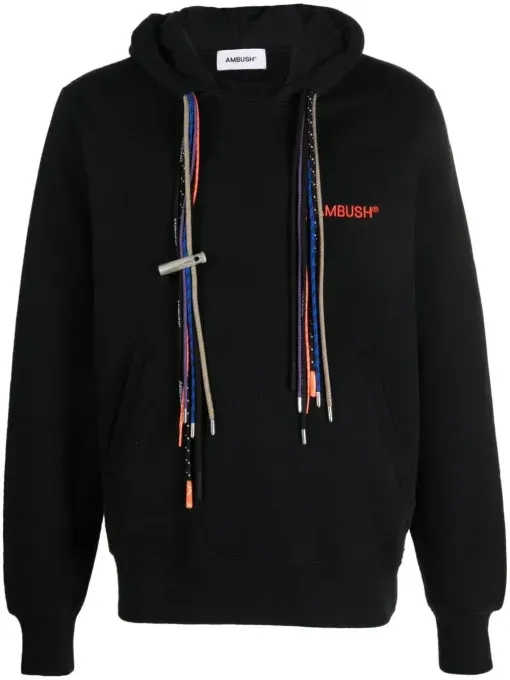 "Black Ambush Logo Drawstring Cotton Hoodie with front white logo and tonal drawstrings."