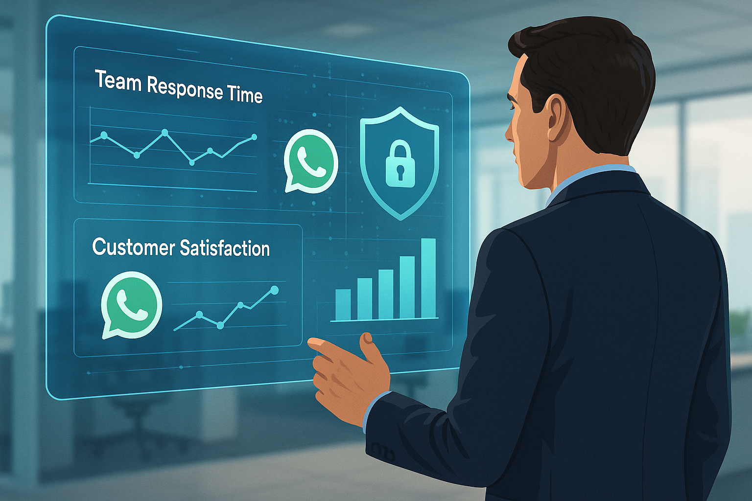 Manager viewing a futuristic dashboard Tracking on WhatsApp
