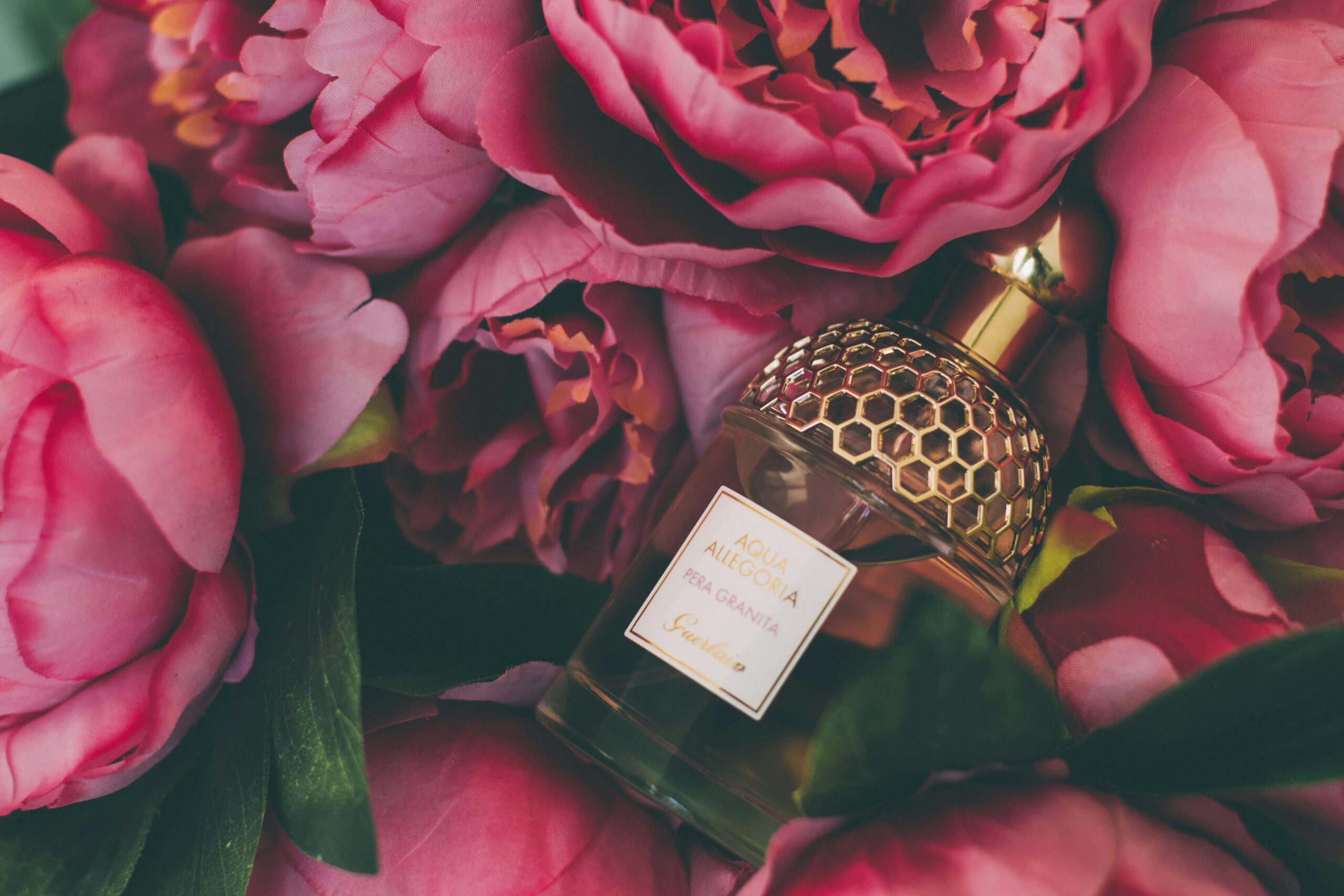 A bottle of Guerlain Aqua Allegoria Pera Granita perfume nestled among vibrant pink peony flowers.