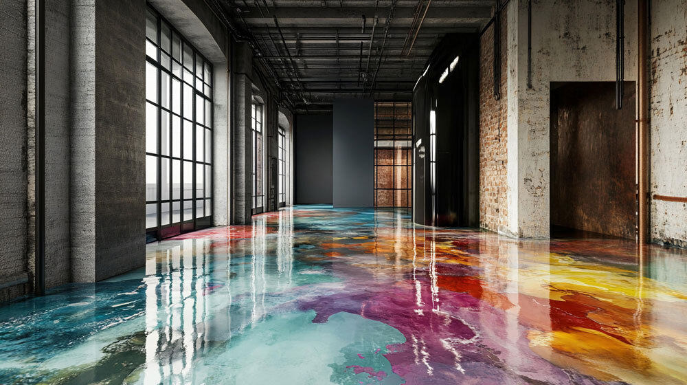 Industrial space with a colorful marble-like epoxy resin floor.