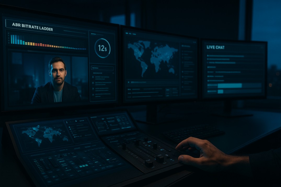 Producer operating software for live streaming with ABR ladder, chat overlays, and low latency video streaming indicators on multi‑monitor setup.