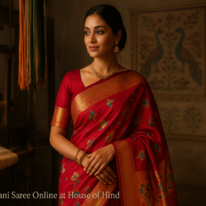 A woman elegantly draped in a red Paithani saree with a golden zari border stands in a traditional Maharashtrian handloom setting, symbolizing heritage and craftsmanship.