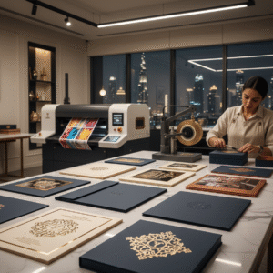 Luxury printing studio in Dubai showcasing gold foil invitations, embossed packaging, and premium brochures — representing high-end printing craftsmanship and design excellence.