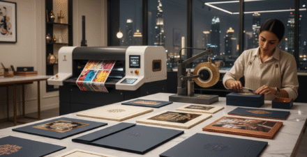 Luxury printing studio in Dubai showcasing gold foil invitations, embossed packaging, and premium brochures — representing high-end printing craftsmanship and design excellence.