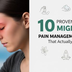 Person with cold compress of medication, tea, yoga, and brain for 2025 migraine pain management