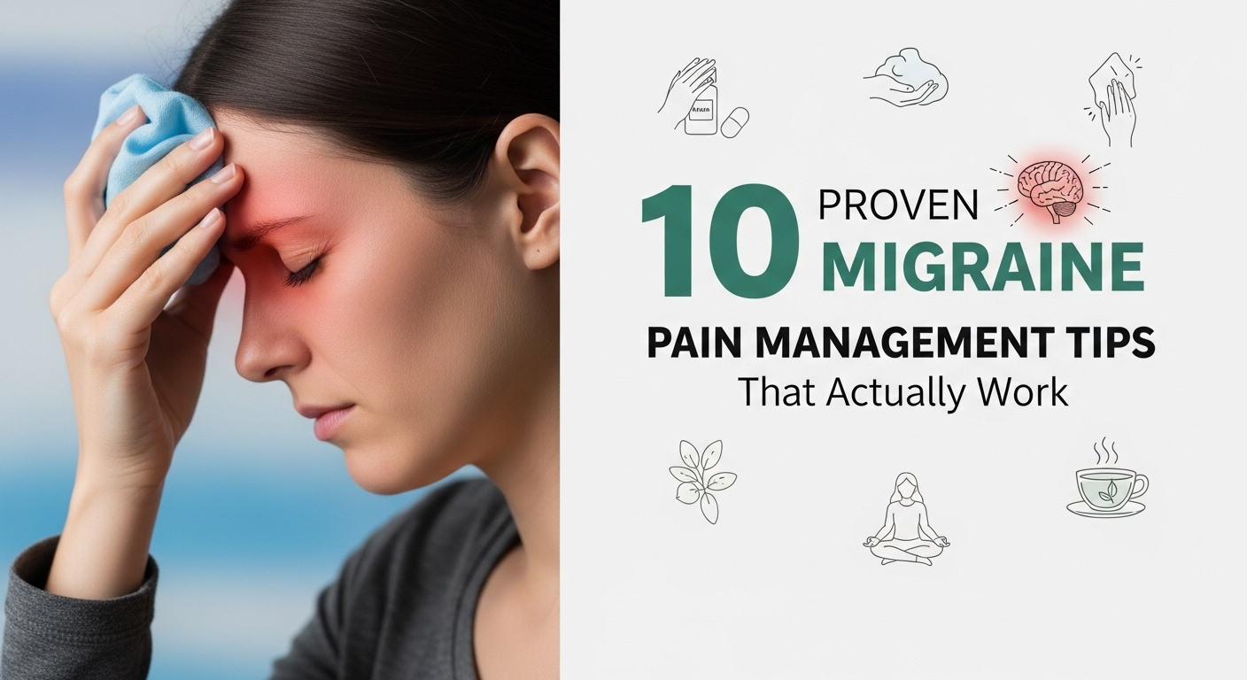 Person with cold compress of medication, tea, yoga, and brain for 2025 migraine pain management