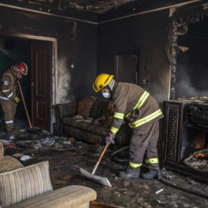 Two firefighters in protective gear and helmets clean up debris inside a burned living room. The walls and furniture are heavily charred, with smoke and ash visible around a partially destroyed fireplace.