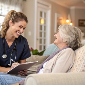 A cheerful nurse in navy scrubs with a stethoscope talks with an elderly woman sitting comfortably on a couch in a warm, well-lit living room.