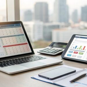 Laptop and tablet displaying financial charts and spreadsheets on a modern office desk with a calculator, smartphone, and documents in the background of a city view.