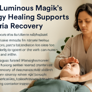 The image depicts a female energy healer performing a healing session on another woman lying on a mat in a calm, sunlit room. The healer's hands are positioned above the client's forehead, symbolizing energy healing. The background includes soft lighting and minimal decor, reflecting a peaceful and therapeutic atmosphere. The title, "How Luminous Magik's Energy Healing Supports Trauma Recovery," is displayed prominently, emphasizing the holistic approach to healing that combines body, mind, and spirit.