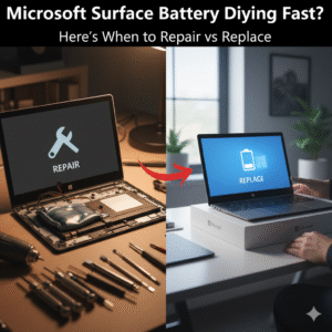 Microsoft Surface battery repair and replacement comparison showing a technician fixing an opened Surface device on one side and a newly replaced Surface battery setup on the other.