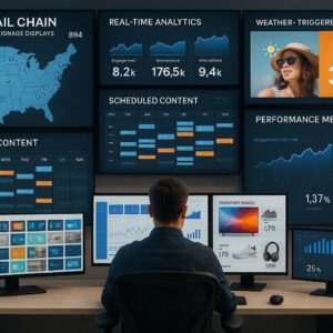 Digital signage solutions centralized control dashboard managing multi-location displays with real-time analytics, scheduled content, weather triggers, and inventory integration