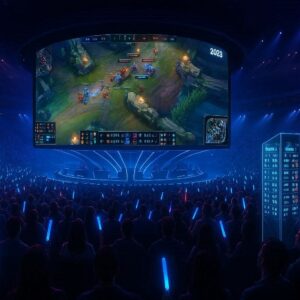Esports arena audience watching online game streaming on massive digital signage video walls