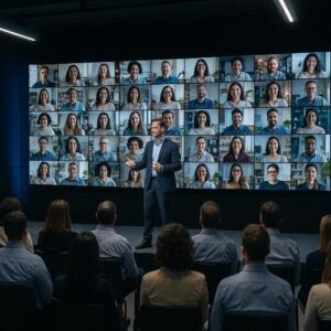 Live event streaming services and digital signage solution creating integrated hybrid conference experience for physical and virtual attendees