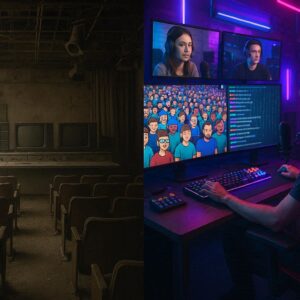 Online game streaming replacing traditional television showing abandoned TV studio versus thriving streaming ecosystem with online video player infrastructure and massive engaged audiences