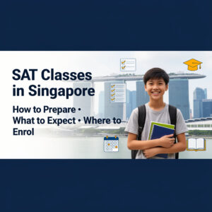 thumbnail image of a boy standing with books while smiling, and text of sat classes in singapore guide.
