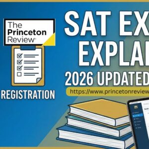 Informational graphic titled 'SAT Exam Explained: 2026 Updated Guide' featuring the Princeton Review logo, a stack of books, a clock, and a tablet displaying a study app. Keywords like 'Test Dates,' 'Registration,' and 'Prep Timeline' are highlighted. URL link to princetonreview.sg is included. Tone is educational and informative.