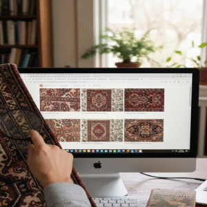 Close-up of a handcrafted patterned rug being examined beside a computer displaying an online rug collection in a cozy home workspace.