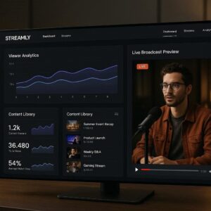 Custom branded live streaming website dashboard displaying analytics viewer metrics and content management interface