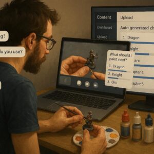 Creator hosting a webcam live painting session while replay auto-archives into a VCMS dashboard