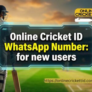 A cricketer in white gear stands on a vibrant, lit stadium, holding a bat. "Online Cricket ID WhatsApp Number: for new users" text is prominent. Energetic atmosphere.