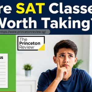 Young man in blue shirt looks thoughtful, sitting at a desk. Text reads "Are SAT Classes Worth Taking?" with Princeton Review logo and checklist.