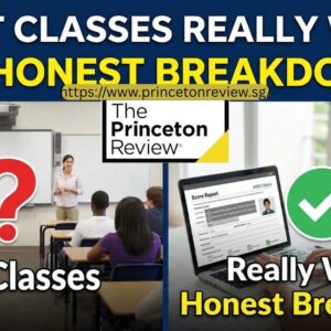 "Collage image with the text 'Do SAT Classes Really Work? An Honest Breakdown.' On the left, a classroom with a teacher and students, labeled 'SAT Classes' with a red question mark. On the right, a student viewing a laptop screen with a checkmark, labeled 'Really Work? Honest Breakdown.' The Princeton Review logo is visible at the top."